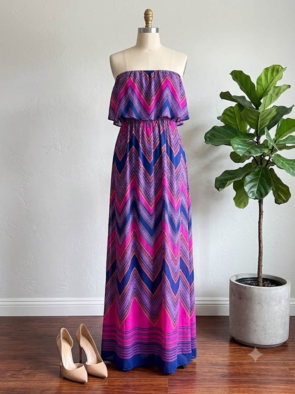 Express Strapless Chevron Maxi Dress in Pink & Blue
